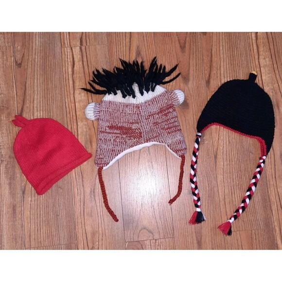 Bundle Lot Of 3 Novelty Funny Knit Beanie Hat 2 Angry Birds 1 Sock Monkey Unisex - Picture 2 of 2